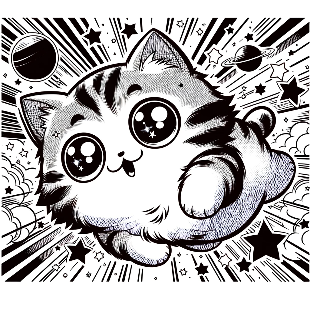 DALL·E 2023-11-14 18.20.57 - A cat floating in space, in a manga-style drawing. The cat should have exaggerated, cartoonish features with large expressive eyes, and a playful, mis.png