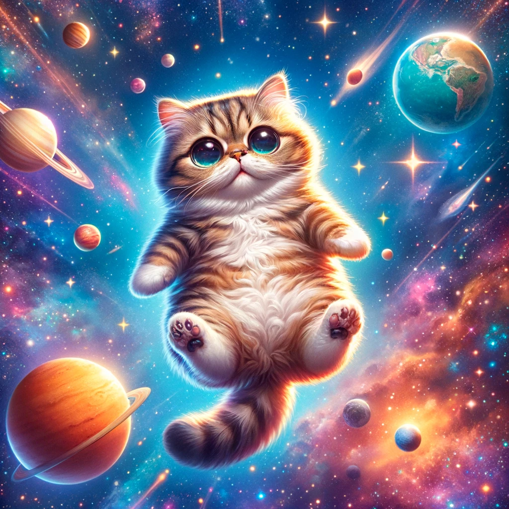 DALL·E 2023-11-14 18.04.14 - A cat floating in space, surrounded by stars and planets, with a whimsical and playful expression. The cat appears weightless, with its fur slightly f.png